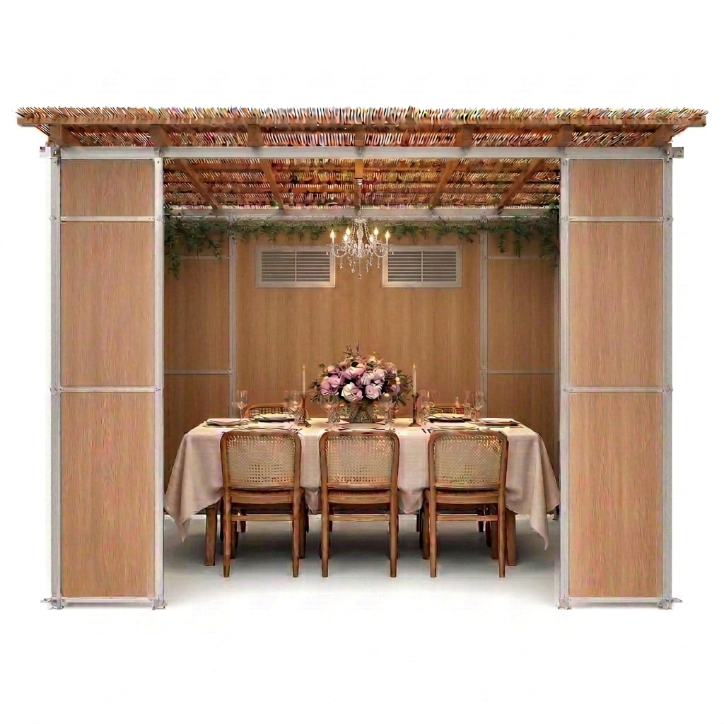 Modern luxury modular sukkah interior with two white louvered AC vents and elegant dining furnishings on a white studio background